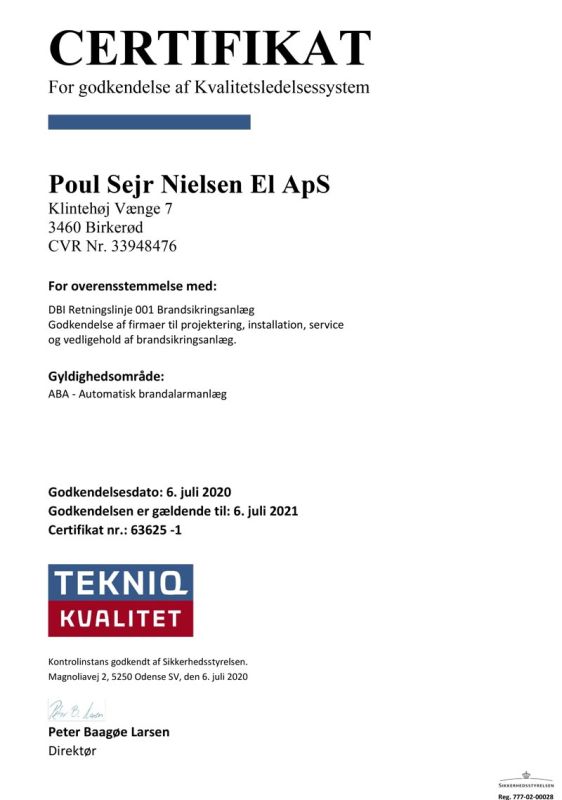 Brandsikringsanlæg - ABA certifikat - Poul Sejr Nielsen